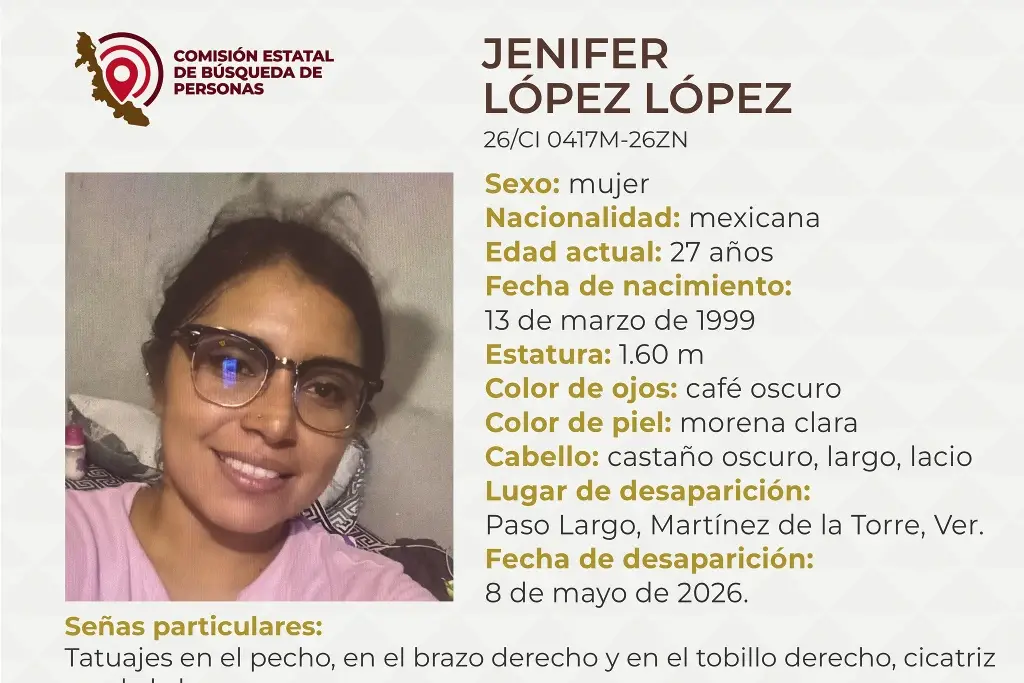 Imagen Piden apoyo para localizar a joven mujer desaparecida al norte de Veracruz 