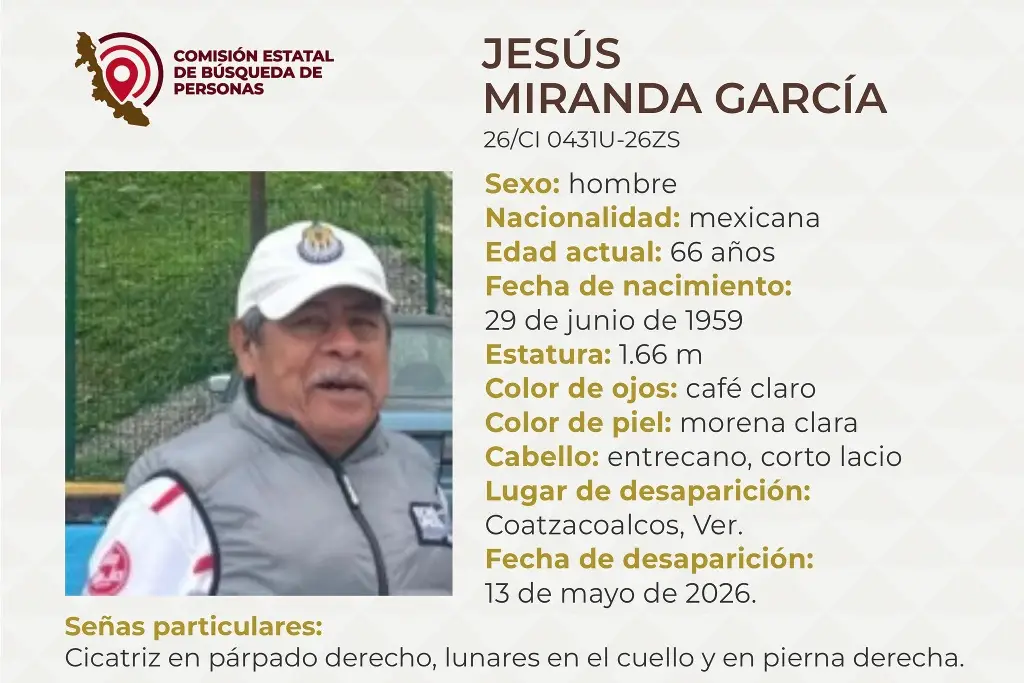 Imagen Piden apoyo para localizar a adulto mayor desaparecido al sur de Veracruz