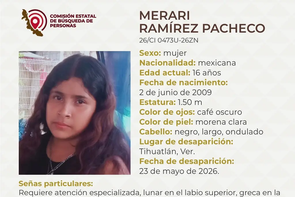 Imagen Piden apoyo para localizar a menor de edad desaparecida al norte de Veracruz 