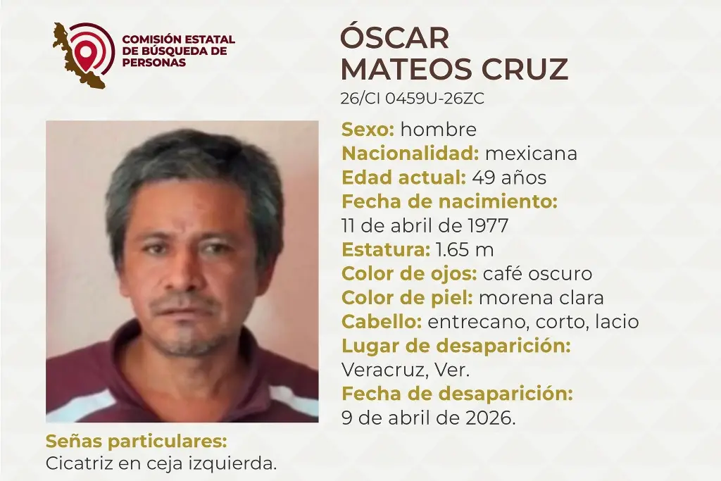 Imagen Piden apoyo para localizar a hombre desaparecido en la ciudad de Veracruz 