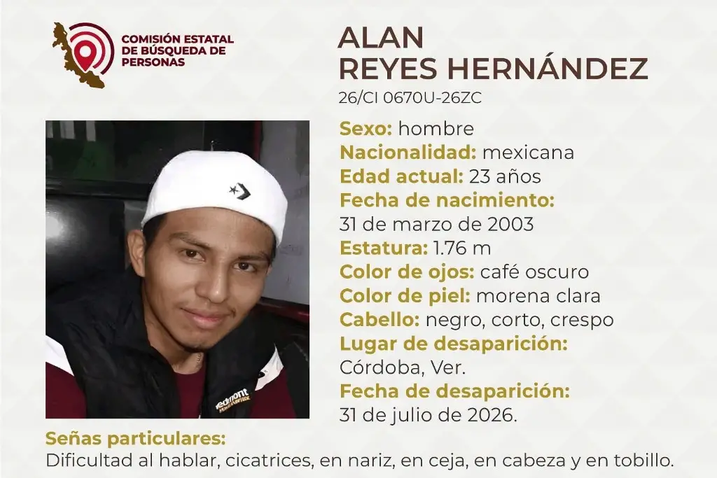 Imagen Joven desaparece en Córdoba, Veracruz; estas son sus características 