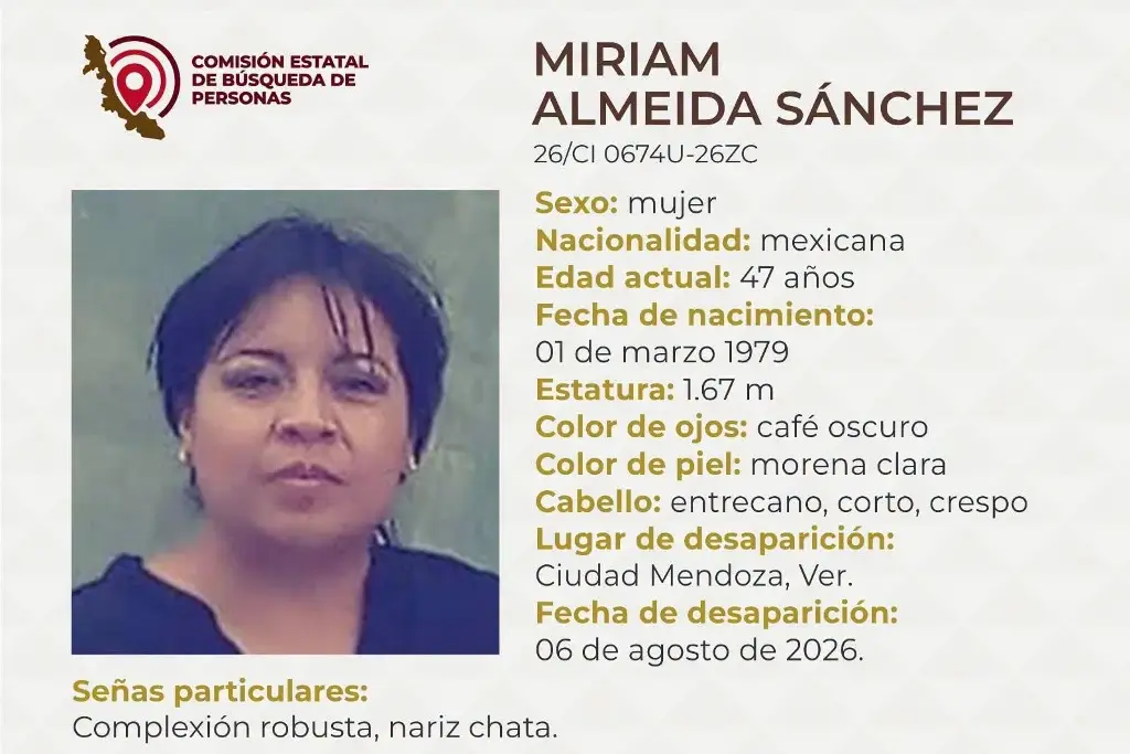 Imagen Joven mujer desaparece en Ciudad Mendoza, Veracruz; estas son sus características