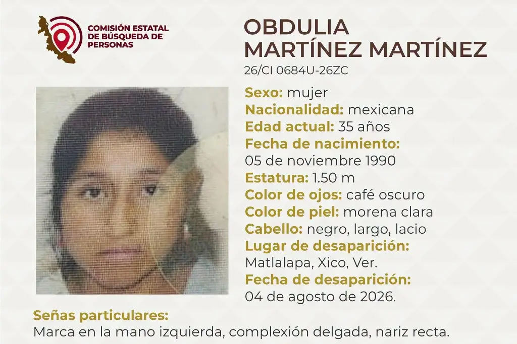 Imagen Piden apoyo para localizar a mujer desaparecida en Xico, Veracruz 