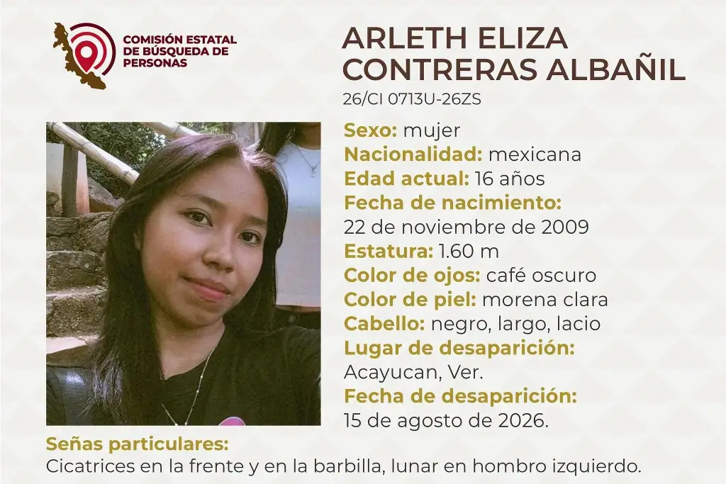 Imagen Menor de edad desaparece al sur de Veracruz; conoce sus señas particulares 