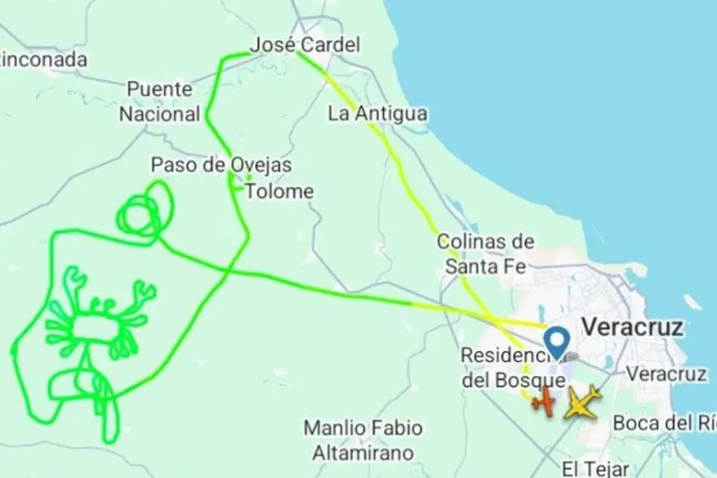 Imagen ¿Lo volvió a hacer? Piloto dibuja otro cangrejo sobre Veracruz”