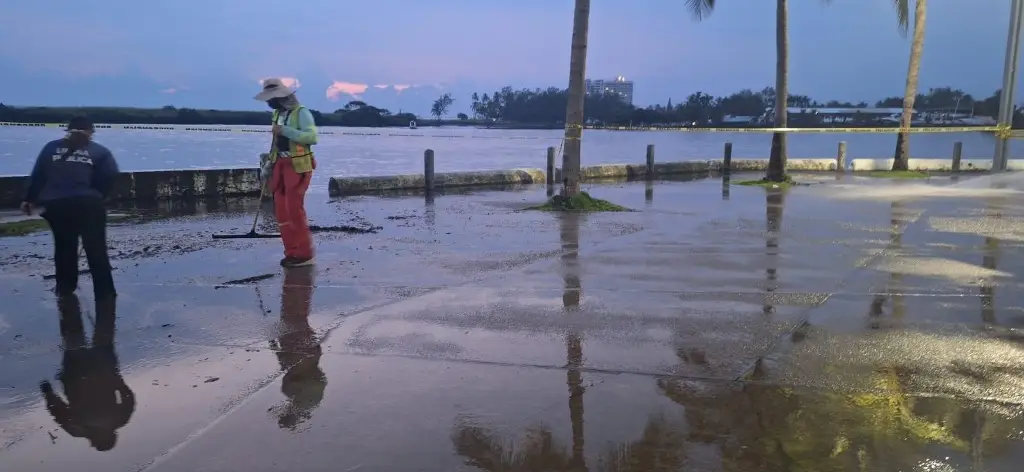 Imagen Limpian Plaza Banderas y calles de Boca del Río tras mar de fondo