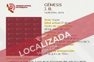 Imagen Tras casi un mes, localizan a menor de edad desaparecida al norte de Veracruz 