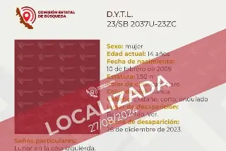 Imagen Tras varios meses, localizan a menor de edad que estaba desaparecida en Boca del Río