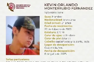 Él es Kevin, tiene 24 años y desapareció al norte de Veracruz; tiene tatuajes 