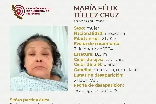 Imagen Piden apoyo para localizar a mujer de la tercera edad desaparecida en Xalapa, Veracruz
