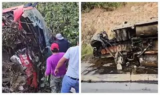 Autobús cae a barranca tras ser impactado por tráiler en Oaxaca; hay un muerto y 10 heridos