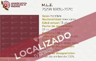 Localizan a adolescente reportado como desaparecido en Veracruz