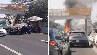 Se incendia auto tras volcadura en la autopista Veracruz - Cardel; hay una familia lesionada