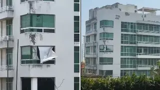 Viento del norte rompe ventanas de edificio de condominios en La Tampiquera, en Boca del Río