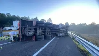 Cierran autopista por volcadura de tráiler cargado de mangos. Precaución