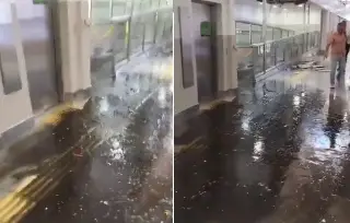 Así la fuga de aguas negras en pasillo del aeropuerto de CDMX