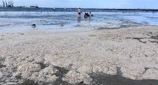 Sorprende la presencia de material espumoso color crema en playa Regatas de Veracruz
