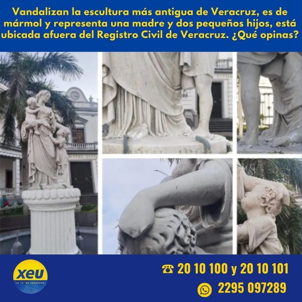 Imagen #SondeoXEU Vandalizan la escultura más antigua de Veracruz, es de mármol y representa una madre y dos pequeños hijos, está ubicada afuera del Registro Civil de Veracruz. ¿Qué opinas?