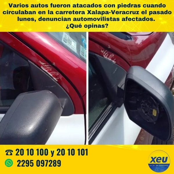 Imagen #SondeoXEU Varios autos fueron atacados con piedras cuando circulaban en la carretera Xalapa-Veracruz el pasado lunes, denuncian automovilistas afectados. ¿Qué opinas?