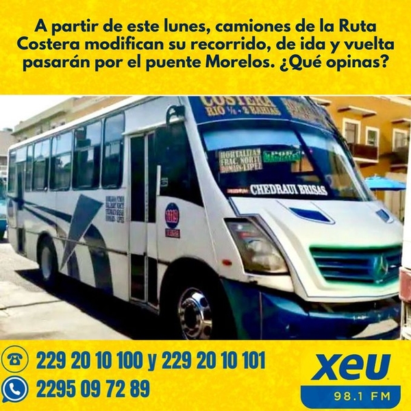 Imagen #SondeoXEU A partir de este lunes, camiones de la Ruta Costera modifican su recorrido, de ida y vuelta pasarán por el puente Morelos. ¿Qué opinas?