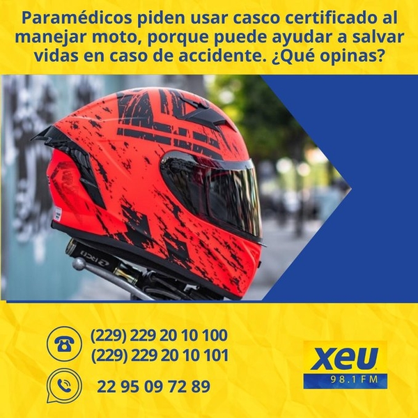 Imagen  Paramédicos piden usar casco certificado al manejar moto, porque puede ayudar a salvar vidas en caso de accidente. ¿Qué opinas? #SondeoXEU