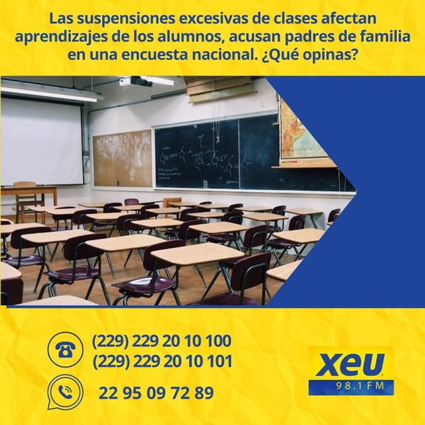 Imagen Las suspensiones excesivas de clases afectan los aprendizajes de los alumnos, acusan padres de familia en una encuesta nacional. ¿Qué opinas? #SondeoXEU
