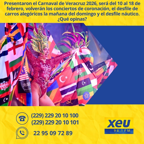 Imagen Presentaron el Carnaval de Veracruz 2026, será del 10 al 18 de febrero, volverán los conciertos de coronación, el desfile de carros alegóricos la mañana del domingo y el desfile náutico. ¿Qué opinas? 