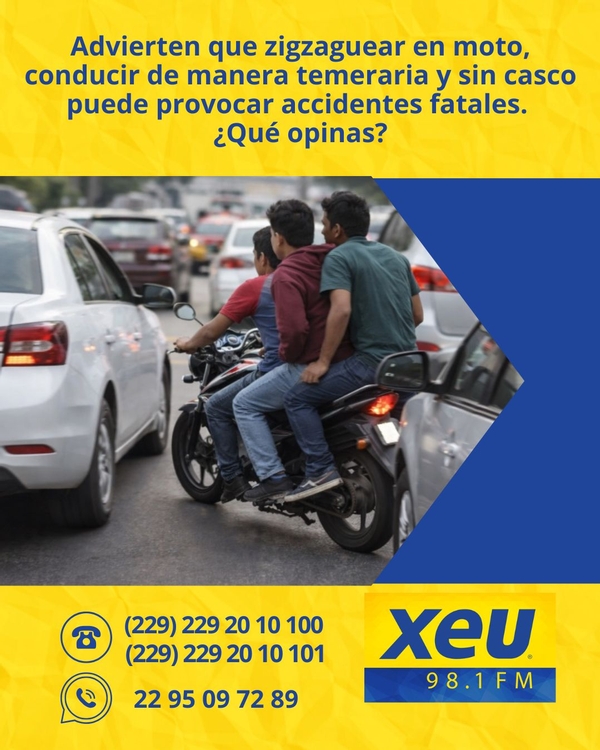Imagen Advierten que zigzaguear en moto, conducir de manera temeraria y sin casco puede provocar accidentes fatales.  ¿Qué opinas?