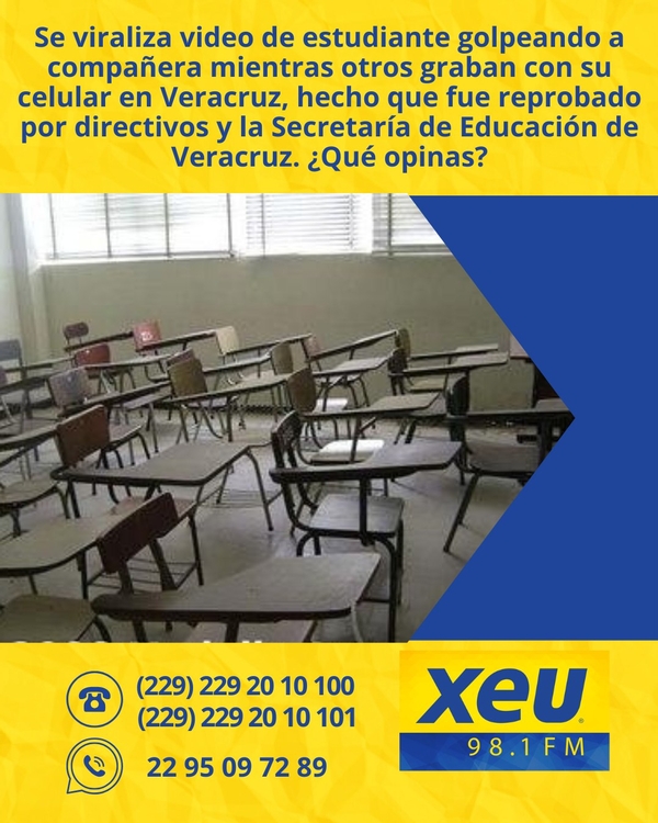 Imagen Se viraliza video de estudiante golpeando a compañera mientras otros graban con su celular en Veracruz, hecho que fue reprobado por directivos y la Secretaría de Educación de Veracruz. ¿Qué opinas?